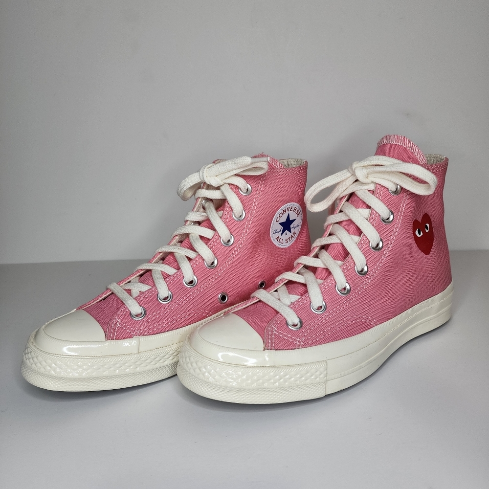 Converse Chuck 70 CDG Hi Star women's size 6, pink and white with heart